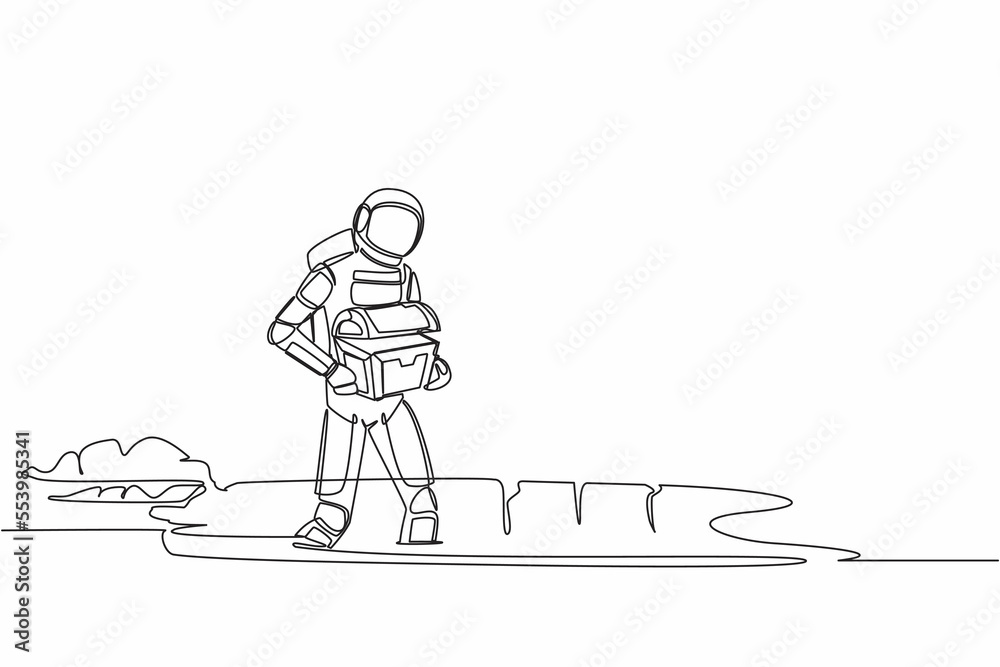 Single continuous line drawing astronaut carrying chest treasure in moon ground. Spaceman finding gem box artefact. Gold hunting. Cosmonaut deep space. One line draw graphic design vector illustration