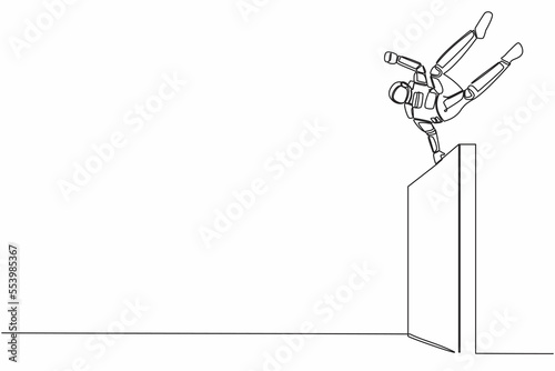 Single continuous line drawing young astronaut jumps over wall avoid comfort zone in moon surface. Future technology development. Cosmonaut deep space. One line draw graphic design vector illustration
