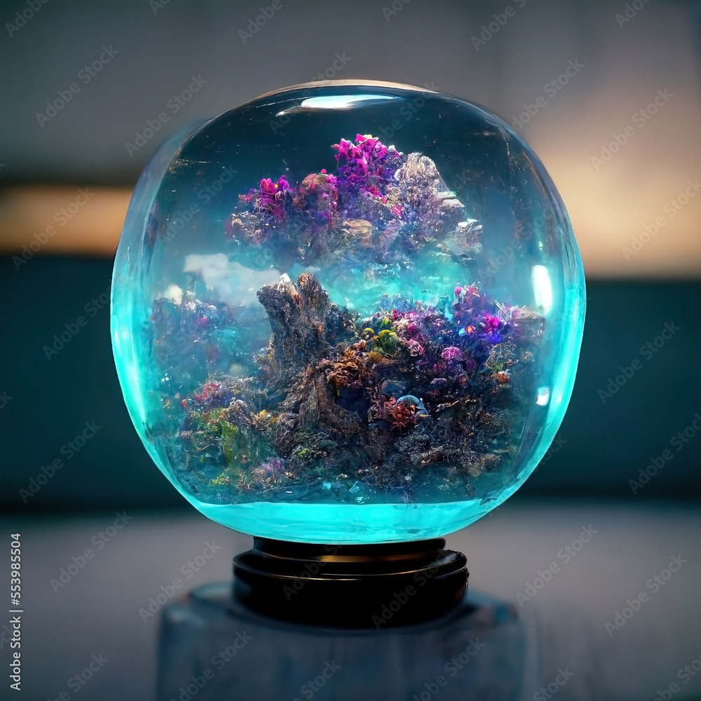 Isolated glass sphere, magic crystal ball containing a mini underwater