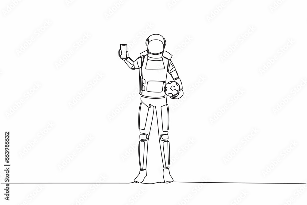 Single continuous line drawing astronaut soccer player holding football ball and smartphone. Mobile football soccer. Mobile sport play match. Cosmonaut deep space. One line design vector illustration