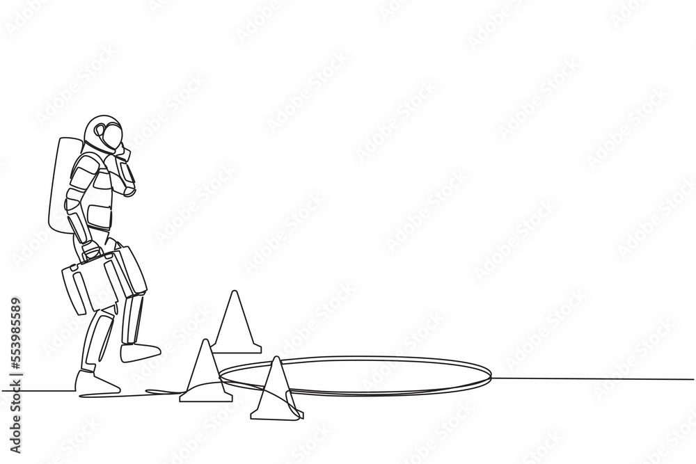 Single continuous line drawing astronaut talking on smartphone and he does not see the hole in front. Spaceman walks to space business trap. Cosmonaut deep space. One line design vector illustration Single continuous line drawing astronaut talking on smartphone and he does not see the hole in front. Spaceman walks to space business trap. Cosmonaut deep space. One line design vector illustration
