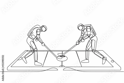 Continuous one line drawing of ice hockey rink with two astronaut players on smartphone screen. Mobile ice hockey. Online sport game. Cosmonaut outer space. Single line draw design vector illustration
