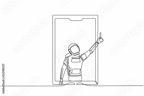 Continuous one line drawing of astronaut soccer referee showing yellow card out of smartphone screen. Smartphone with app soccer football. Cosmonaut outer space. Single line design vector illustration