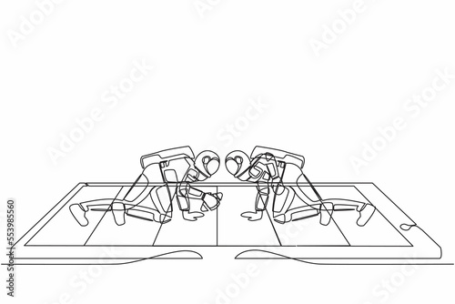Continuous one line drawing american football field with two astronaut players on smartphone screen. American football online game. Cosmonaut outer space. Single line draw design vector illustration