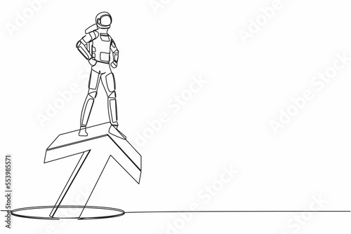 Continuous one line drawing astronaut standing on big arrow coming out of holes. Spaceman lead financial graph rising from hole. Cosmonaut outer space. Single line graphic design vector illustration