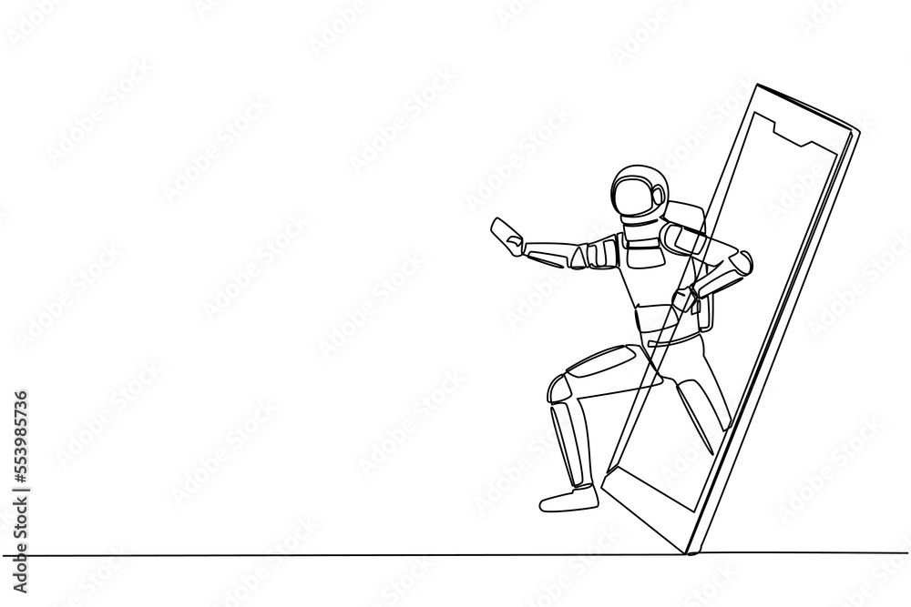 Single one line drawing astronaut karateka stance and getting out of smartphone screen. Mobile sports play matches. Duel martial art online game. Continuous line draw design vector illustration
