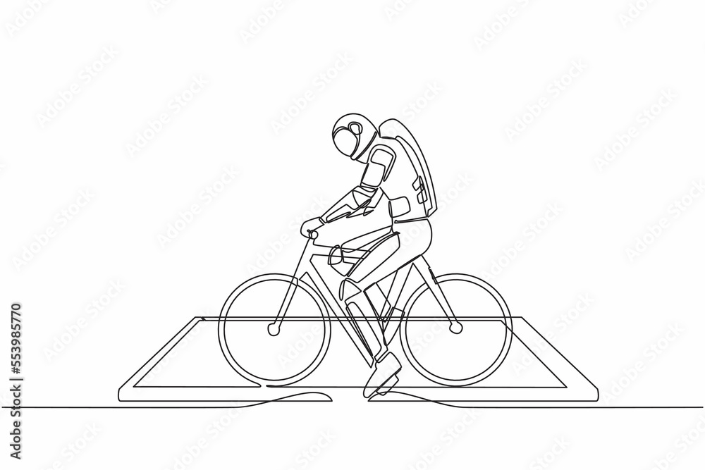 Single continuous line drawing young astronaut wearing helmet, riding bicycle on smartphone screen. Virtual bicycle for cardio training. Cosmonaut deep space. One line draw design vector illustration Single continuous line drawing young astronaut wearing helmet, riding bicycle on smartphone screen. Virtual bicycle for cardio training. Cosmonaut deep space. One line draw design vector illustration