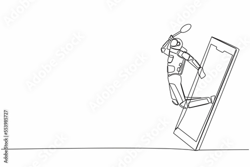 Single one line drawing astronaut badminton player jump hit shuttlecock getting out of smartphone screen. Online badminton game. Cosmic galaxy space. Continuous line graphic design vector illustration
