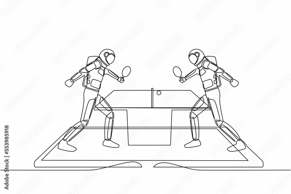 Single continuous line of drawing table tennis court with two astronaut players on smartphone screen. Professional sports competition. Cosmonaut deep space. One line graphic design vector illustration Single continuous line of drawing table tennis court with two astronaut players on smartphone screen. Professional sports competition. Cosmonaut deep space. One line graphic design vector illustration