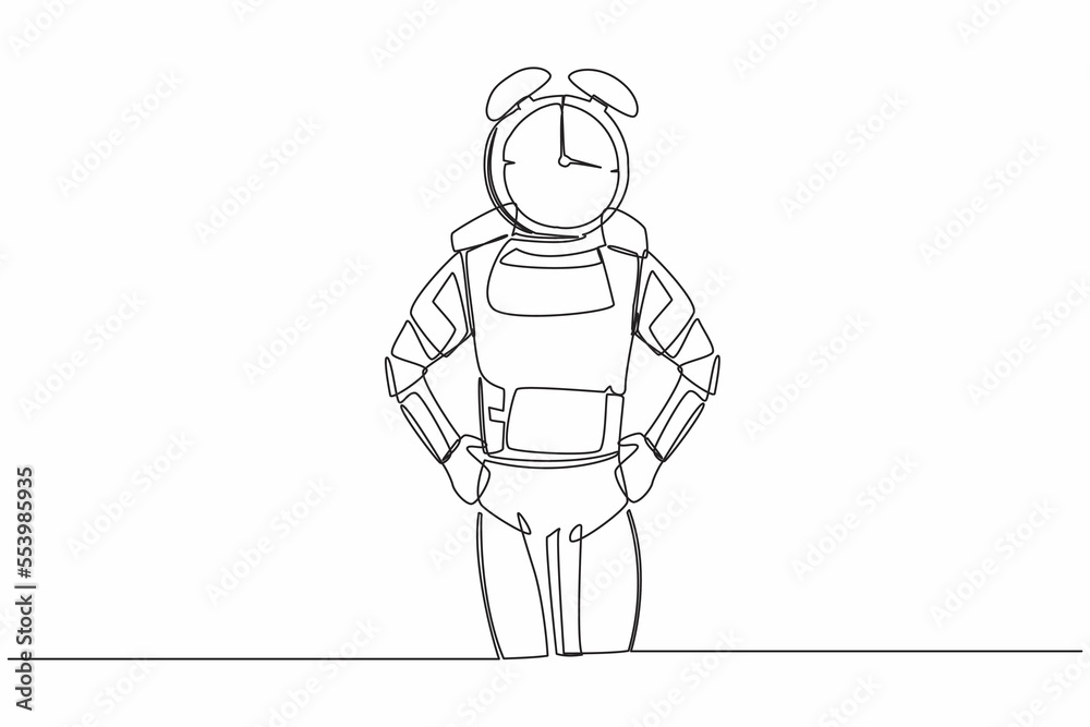 Continuous one line drawing of young astronaut with alarm clock instead of head. Spaceman stress in spaceship exploration project. Cosmonaut outer space. Single line graphic design vector illustration