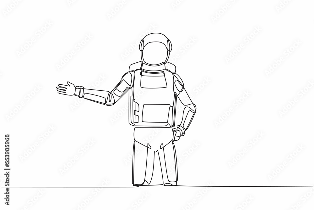 Single one line drawing of young astronaut standing with showing something or presenting project in moon surface. Cosmic galaxy space concept. Modern continuous line graphic design vector illustration Single one line drawing of young astronaut standing with showing something or presenting project in moon surface. Cosmic galaxy space concept. Modern continuous line graphic design vector illustration