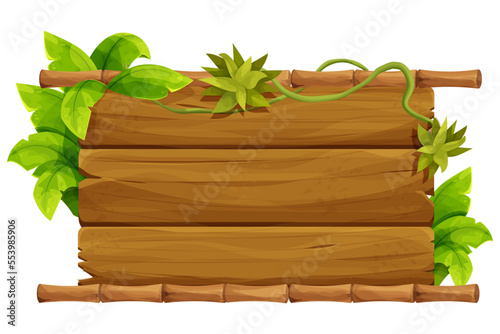 Wooden signboard  bamboo frame decorated with jungle palm leaves  liana in cartoon style isolated on white background. Jungle  tropical element  textured and detailed board. Ui game asset