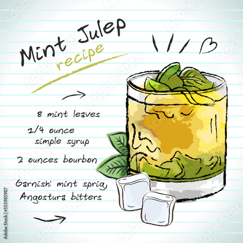 Mint Julep cocktail, vector sketch hand drawn illustration, fresh summer alcoholic drink with recipe and fruits	