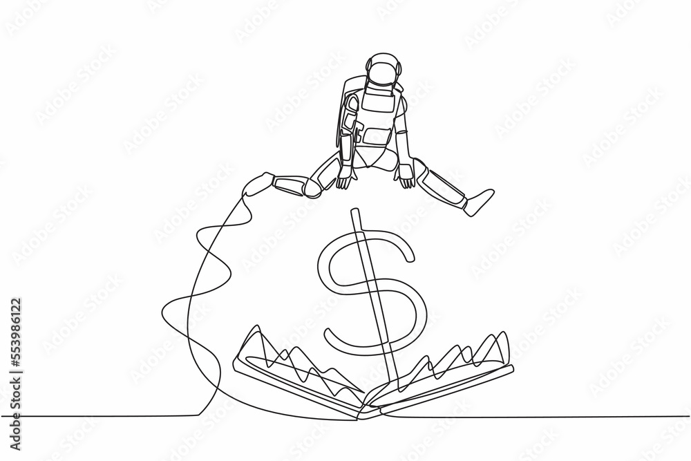 Single one line drawing astronaut jumping over money pitfall with big money dollar symbol. Financial trap in spaceship business. Cosmic galaxy space. Continuous line graphic design vector illustration Single one line drawing astronaut jumping over money pitfall with big money dollar symbol. Financial trap in spaceship business. Cosmic galaxy space. Continuous line graphic design vector illustration