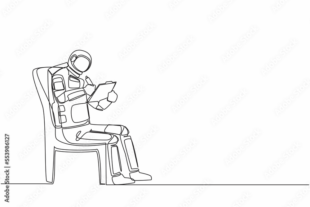 Continuous one line drawing young astronaut sitting on chair and writing on clipboard. Spaceship exploration plan strategy. Cosmonaut outer space. Single line draw graphic design vector illustration Continuous one line drawing young astronaut sitting on chair and writing on clipboard. Spaceship exploration plan strategy. Cosmonaut outer space. Single line draw graphic design vector illustration