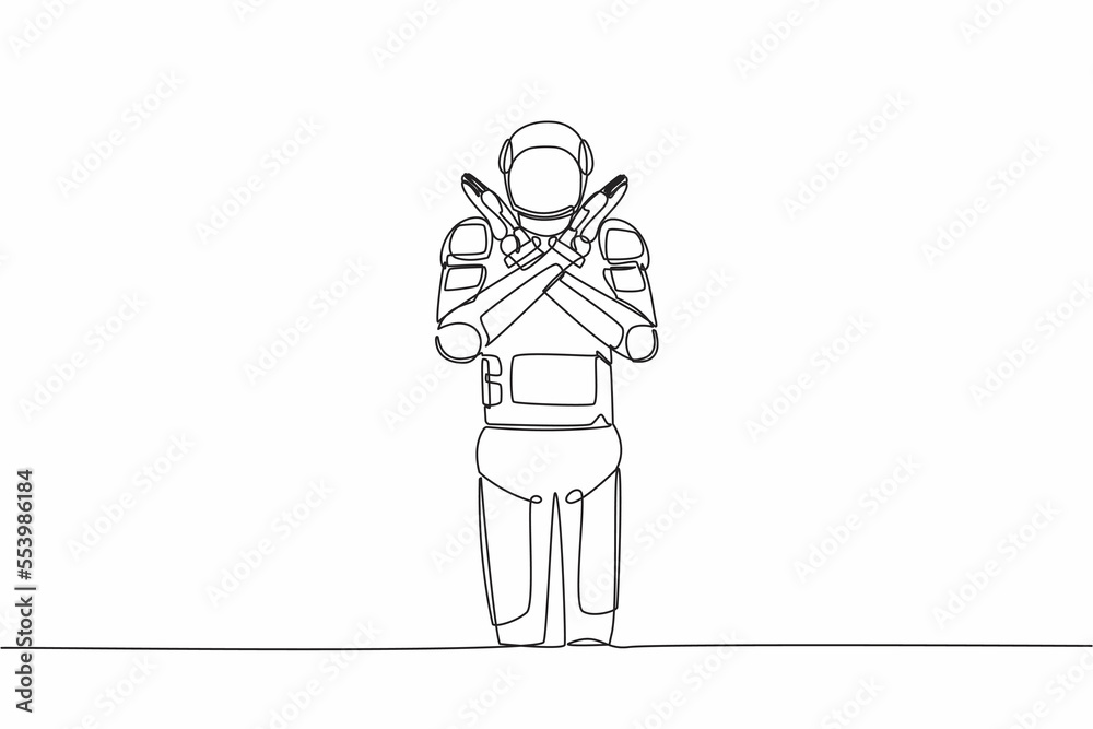 Single continuous line drawing young astronaut standing with crossing arms and making X shape, stop sign with hands. Cosmonaut deep space concept. Dynamic one line graphic design vector illustration