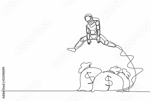 Continuous one line drawing astronaut jumping over money bag. Loan capital funding for space company, money help in crisis. Cosmonaut outer space. Single line draw graphic design vector illustration