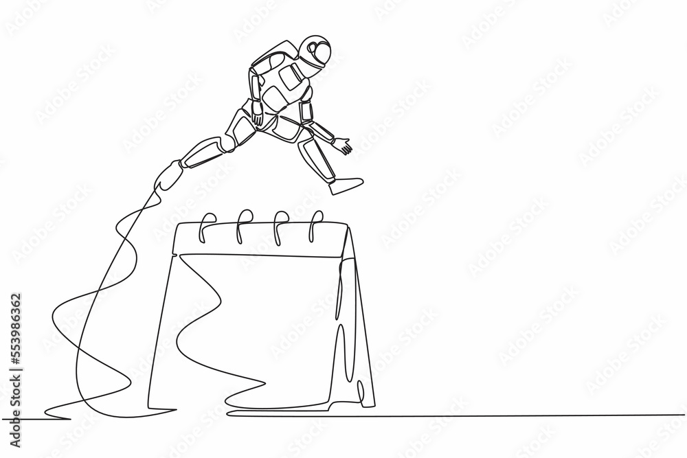 Continuous one line drawing of young astronaut jumping over big calendar. Planning and schedule spaceship expedition project. Cosmonaut outer space. Single line draw graphic design vector illustration Continuous one line drawing of young astronaut jumping over big calendar. Planning and schedule spaceship expedition project. Cosmonaut outer space. Single line draw graphic design vector illustration