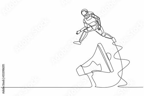 Continuous one line drawing young astronaut jumping over big megaphone. Loudspeaker technology. Announcement in space office control. Cosmonaut outer space. Single line draw design vector illustration