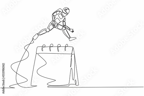 Continuous one line drawing of young astronaut jumping over big calendar. Planning and schedule spaceship expedition project. Cosmonaut outer space. Single line draw graphic design vector illustration