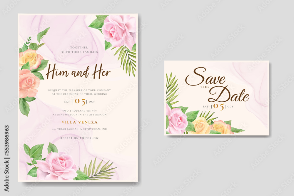 wedding invitation card template set with pink rose watercolor painting