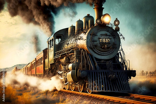 Fotografie, Obraz Old steam locomotive traveling by rail railway transport