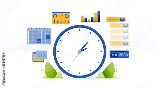 2d motion loop animation video of multi tasking jobs with hours and statistics. set agenda and work schedule by checking date and email. can be for advertisements, apps and websites