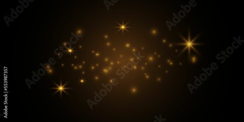 The dust is white. White sparks and golden stars shine with a special light. Vector sparkles on a transparent background. Christmas abstract illustration. Sparkling magical dust particles.