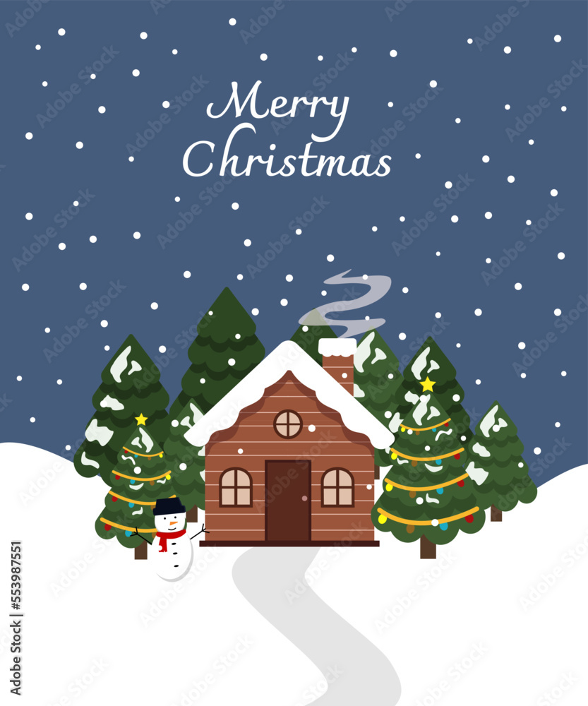 Merry Christmas illustration. A cottage in winter illustration. Christmas night illustration. Christmas Eve