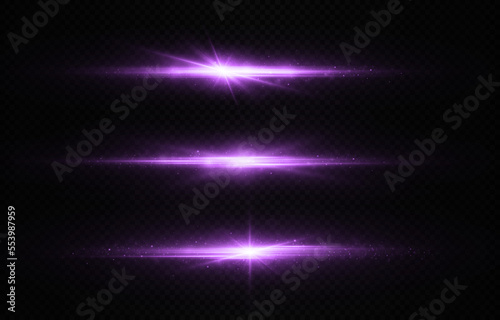Luminous abstract sparkling lines. Set of purple horizontal lens flares, laser beams. Purple glowing star light explodes.