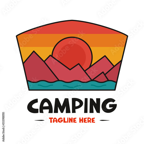 Camping badge design with mountains and sun. Travel logo graphics. Stock vector adventure label