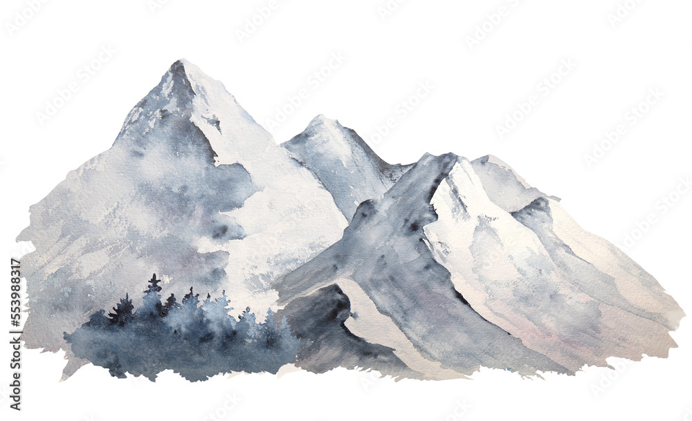 Watercolor illustration of picturesque snowy mountains and trees isolated