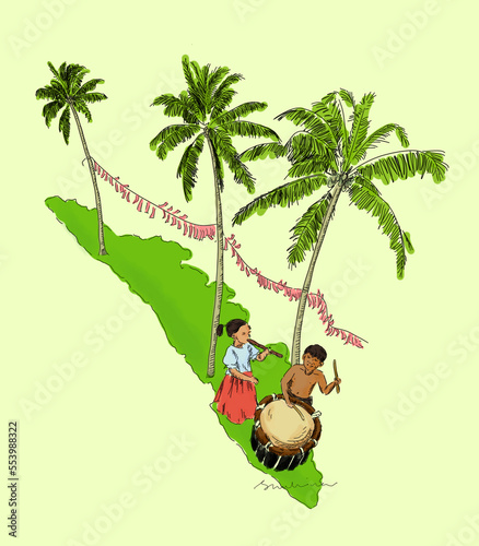 Kerala Indian state illustration. Map of state of Kerala Keralapiravi design. photo