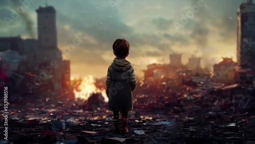 Fotografie, Obraz Desperate Poor Afraid Child Standing in The Middle of War Zone Deserted Demolish