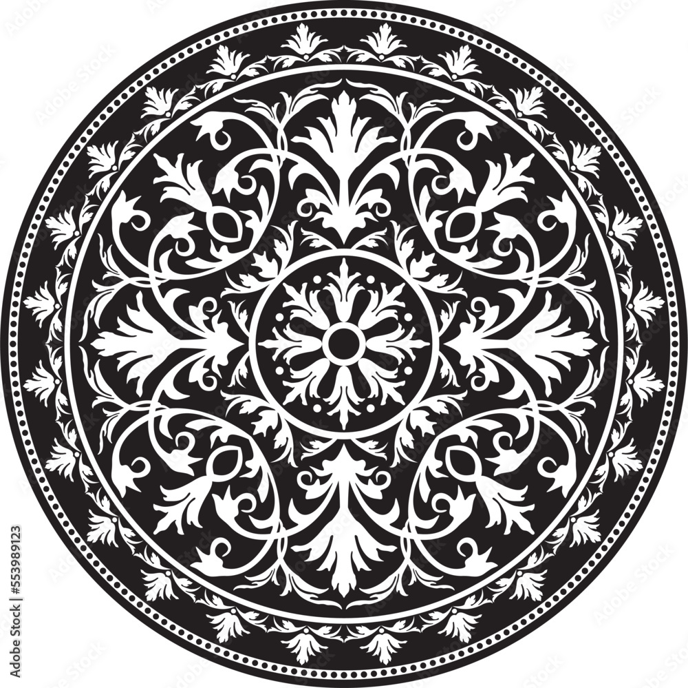 Vector round monochrome floral european national pattern. Ethnic circle ornament of Ancient Greece, Roman Empire