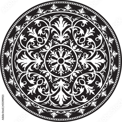 Vector round monochrome floral european national pattern. Ethnic circle ornament of Ancient Greece, Roman Empire