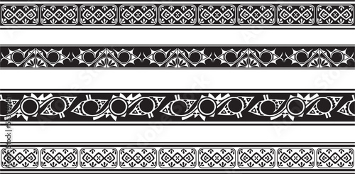 Vector set of seamless monochrome national native american ornaments. Endless ethnic black borders, frames of the peoples of America, Aztec, Maya, Incas. For sandblasting, plotter and laser cutting..