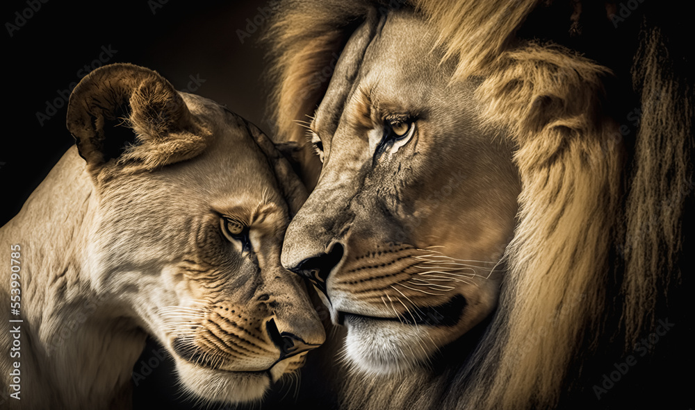 Majestic African lion couple loving pride. ilustración de Stock | Adobe  Stock