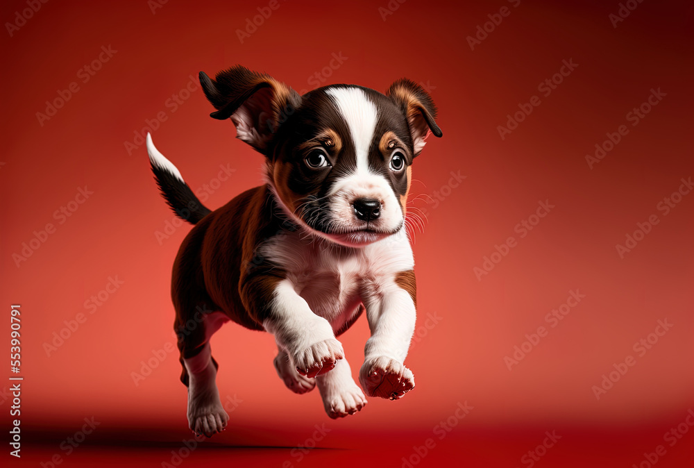 Cute and little puppy running in the studio against a red background. Generative AI