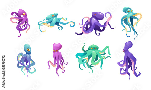Octopuses set cartoon vector illustration. Sea cute animal
