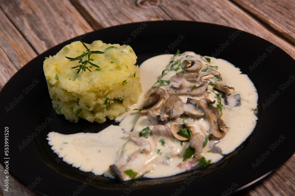 Recipe for fillet of sea bream in white wine sauce with mashed potatoes and mushrooms. High quality photo Recipe for fillet of sea bream in white wine sauce with mashed potatoes and mushrooms. High quality photo