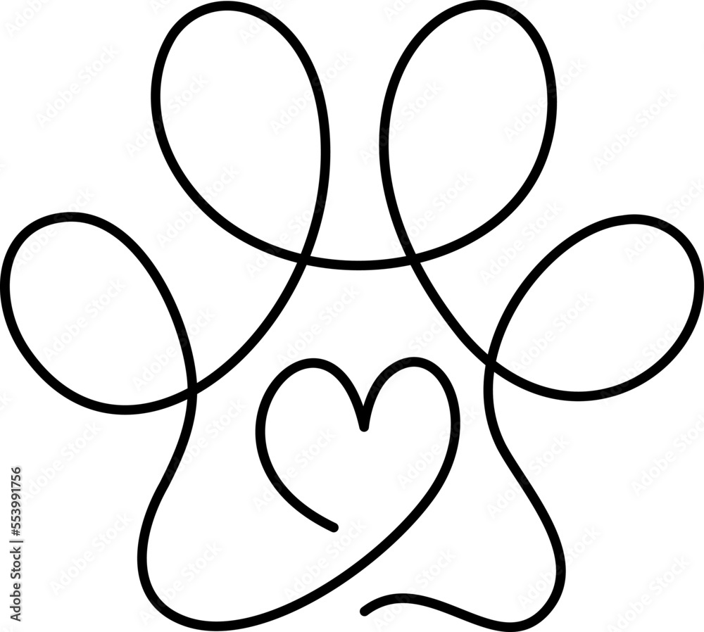 Dog or cat paw footprint and heart in continuous one line drawing logo. Minimal line art. Animal in heart. Pets love concept monoline Dog or cat paw footprint and heart in continuous one line drawing logo. Minimal line art. Animal in heart. Pets love concept monoline