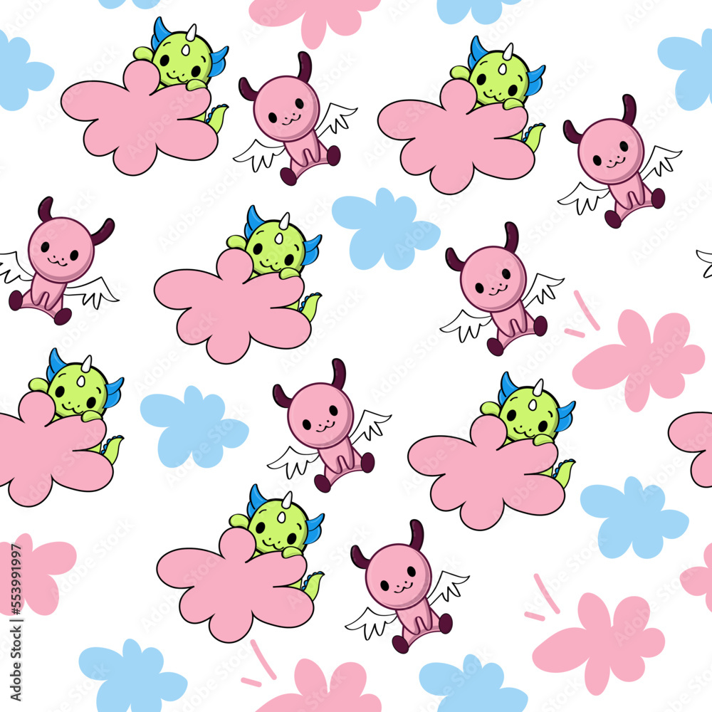 Fototapeta premium Cute cartoon funny dragons and cloud seamless pattern. Vector illustration print for children t-shirt