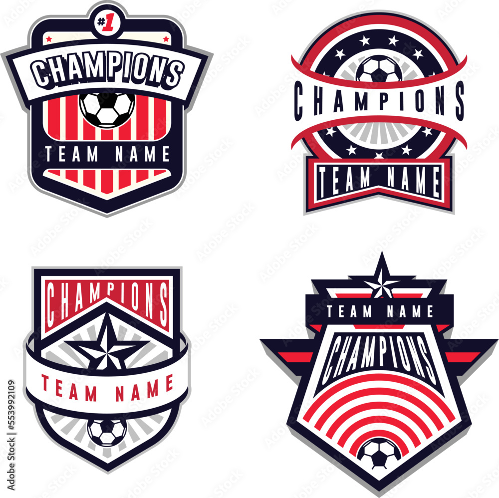 soccer champion emblem set, football shield logo design with replaceable text