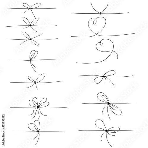 Black rope bow set. Hand drawn vector illustration set.
