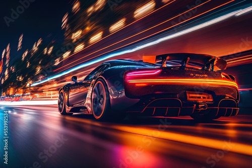 Modern sports car riding on high speed in the night. Neon street lights, blurred in motion. Generative art