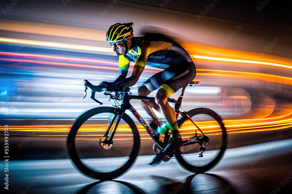 Fototapeta premium Cyclist rides on high speed in the night. City lights blurred in motion. Generative art