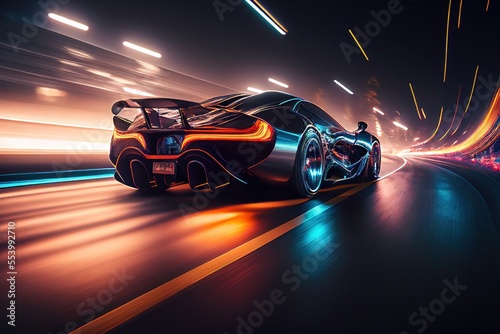 Futuristic sports car riding on high speed in the night. Neon street lights, blurred in motion. Generative art © Cheport