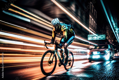 Cyclist rides on high speed in the night. City lights blurred in motion. Generative art