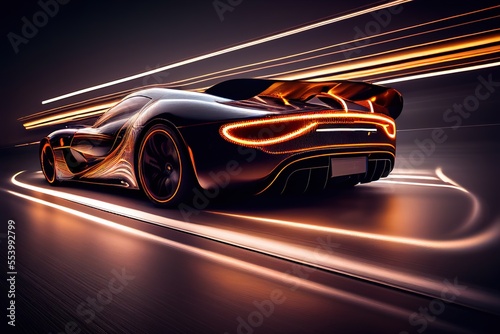Futuristic sports car riding on high speed in the night. Neon street lights  blurred in motion. Generative art